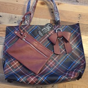 K. Carroll Plaid Reversible Tote Bag with Bow And Small Pouch